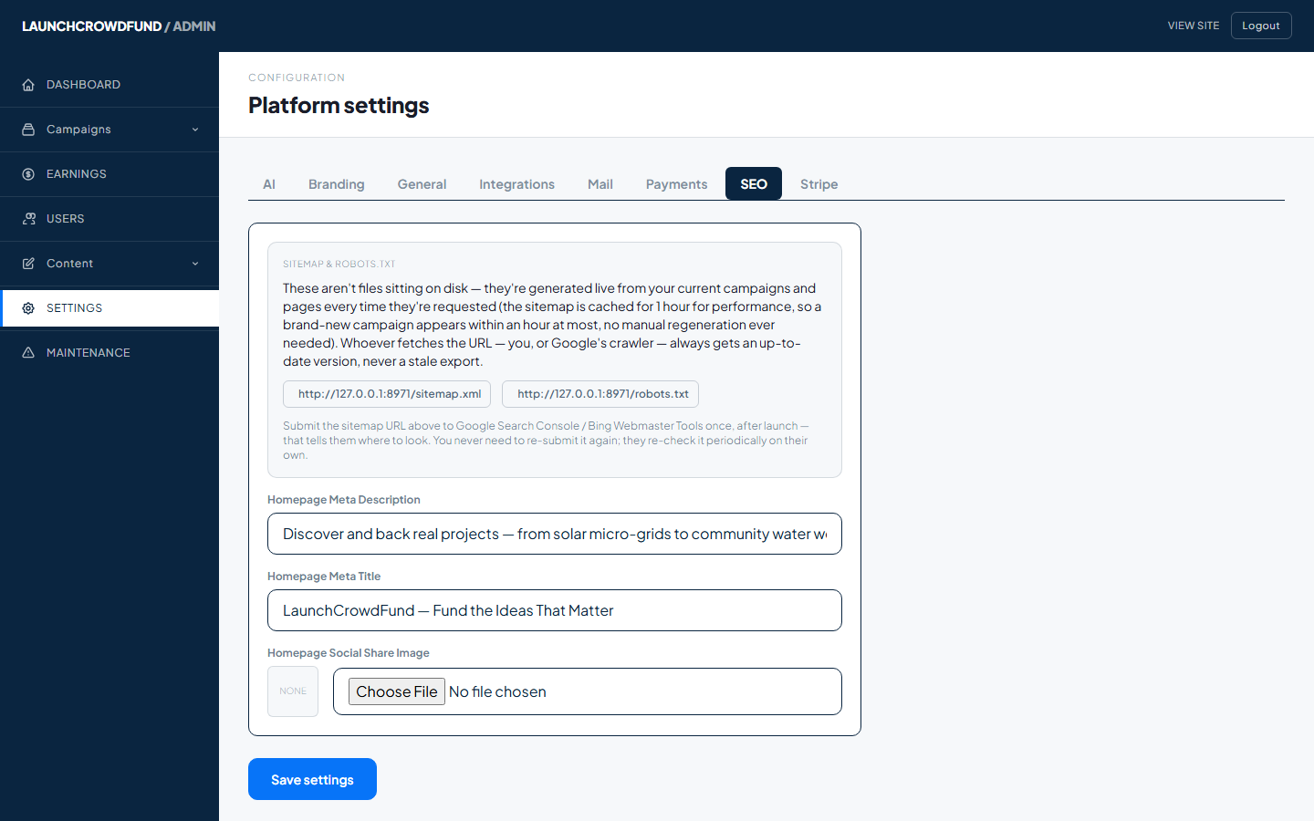 Admin SEO settings panel showing live sitemap and robots.txt URLs