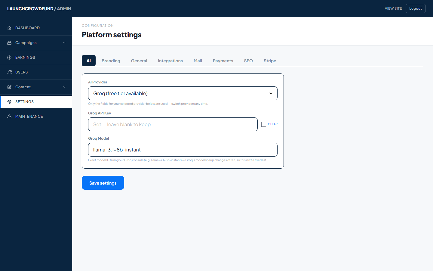 Admin AI settings panel showing provider dropdown, API key field and model field