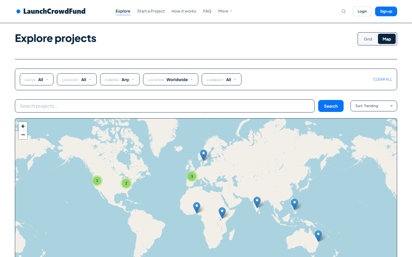 Explore page map view with campaign markers