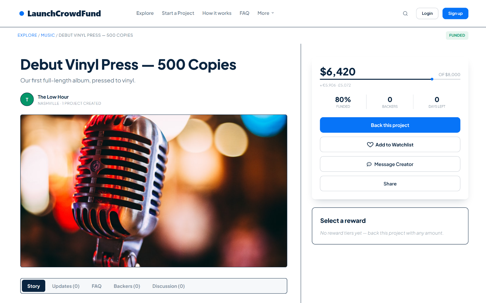 Campaign page shown on desktop, funding progress and reward tiers