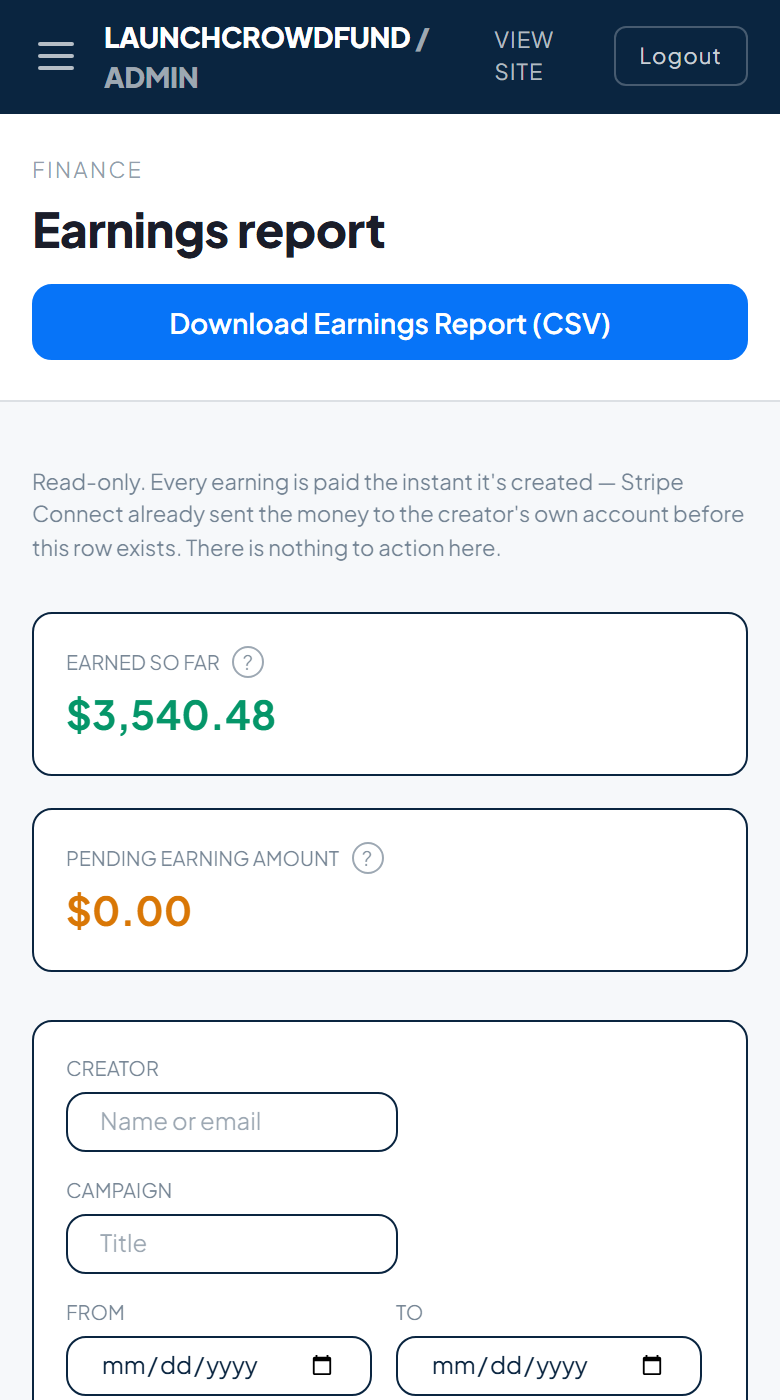 Admin earnings report, mobile view