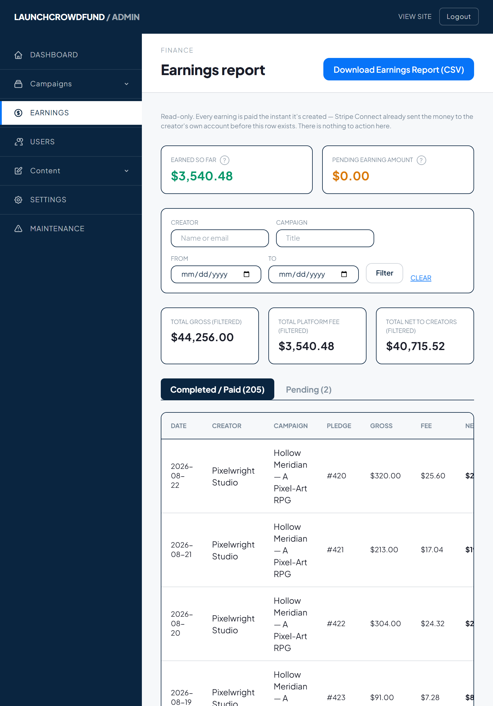 Admin earnings report, tablet view
