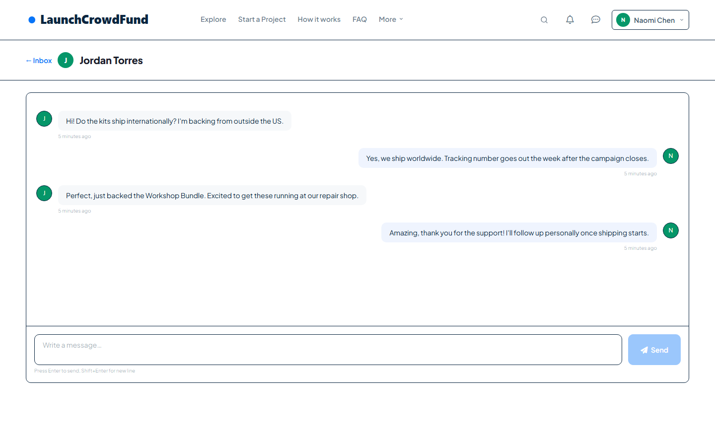 A real backer-creator message thread